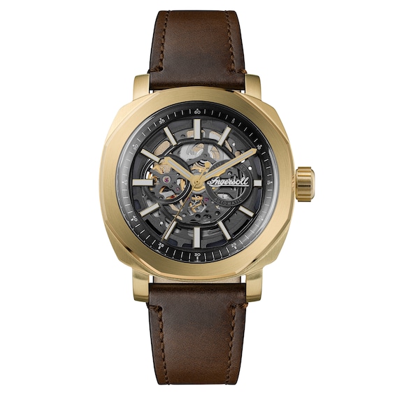 Ingersoll Outrider Mens Automatic Black Skeleton Dial Brown Leather Strap Watch