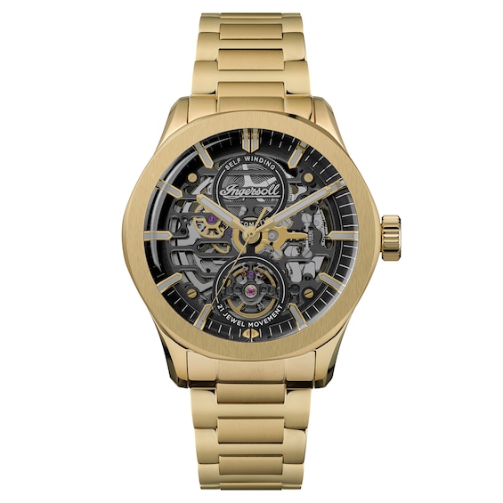 Ingersoll Bronc Mens Automatic Black Skeleton Dial Gold Tone Stainless Steel Watch