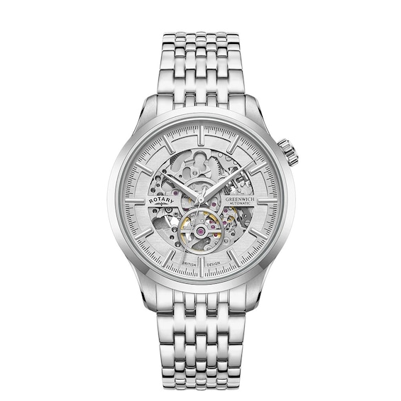 Rotary Mens Skeleton Automatic Stainless Steel Watch