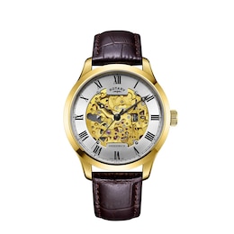 Rotary Men's Skeleton Automatic Gold Tone Brown Leather Strap Watch