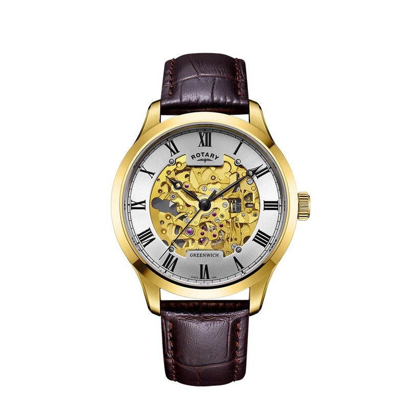Main Image 1 of Rotary Men's Skeleton Automatic Gold Tone Brown Leather Strap Watch