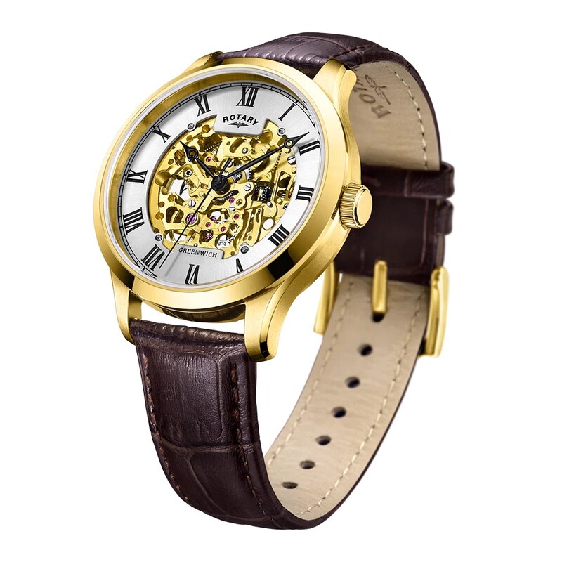 Main Image 2 of Rotary Men's Skeleton Automatic Gold Tone Brown Leather Strap Watch