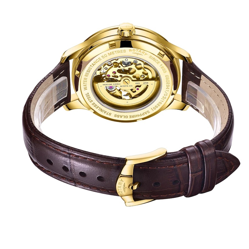 Main Image 3 of Rotary Men's Skeleton Automatic Gold Tone Brown Leather Strap Watch