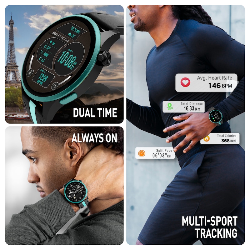 Main Image 2 of Reflex Active Series 54 Amoled GPS Black and Teal Strap Smart Watch