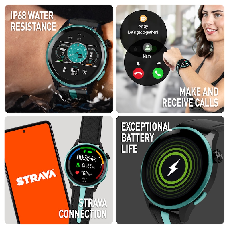 Main Image 3 of Reflex Active Series 54 Amoled GPS Black and Teal Strap Smart Watch