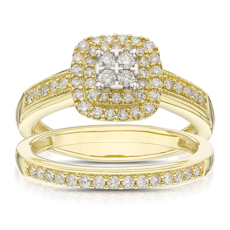 Main Image 1 of Perfect Fit 9ct Yellow Gold 0.55ct Diamond Cushion Cluster Bridal Set