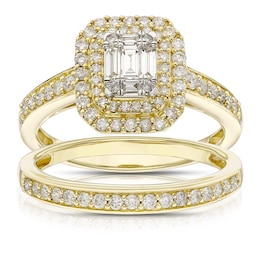 Perfect Fit 9ct Yellow Gold 0.66ct Diamond Emerald Cluster Bridal Set