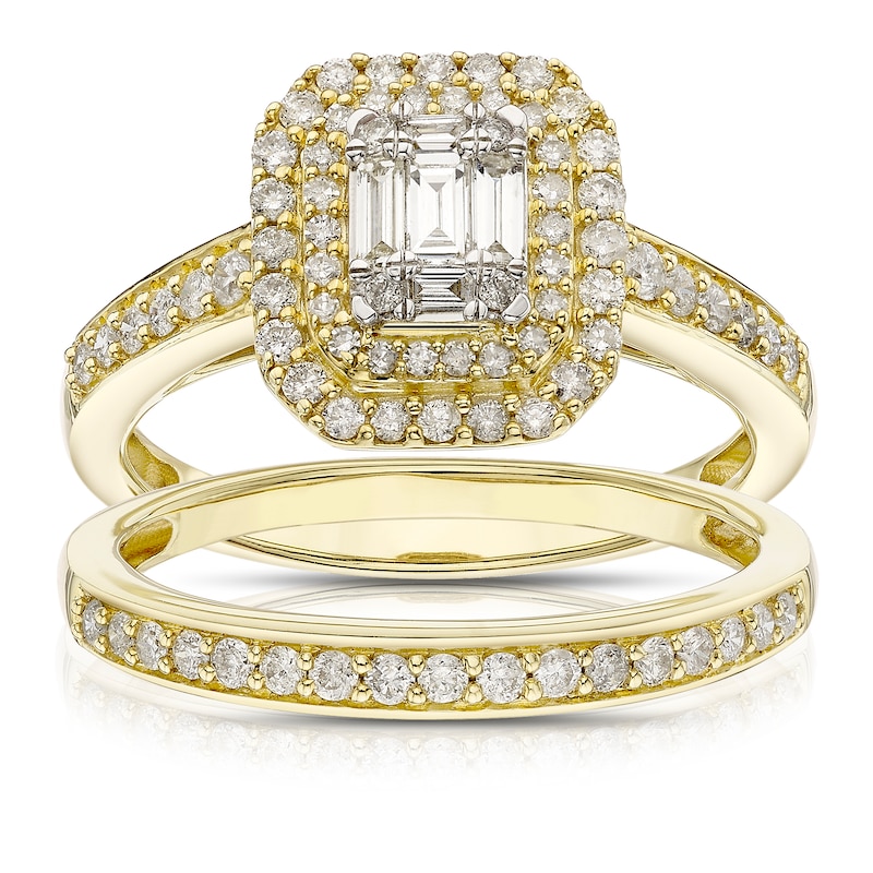 Main Image 1 of Perfect Fit 9ct Yellow Gold 0.66ct Diamond Emerald Cluster Bridal Set