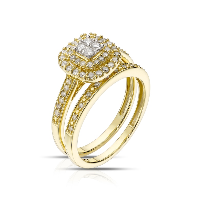 Main Image 2 of Perfect Fit 9ct Yellow Gold 0.40ct Diamond Cushion Cluster Bridal Set