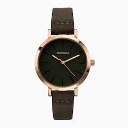 Sekonda Rose Gold Tone & Dark Green Polyurethane Strap Watch