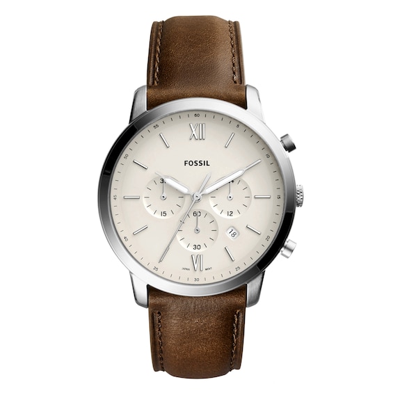Fossil Mens White Chronograph Dial Brown Leather Strap Watch