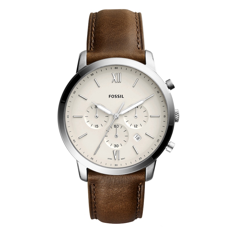 Fossil Men's White Chronograph Dial Brown Leather Strap Watch