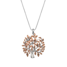 Sterling Silver Rhodium & Rose Gold Diamond Tree Pendant