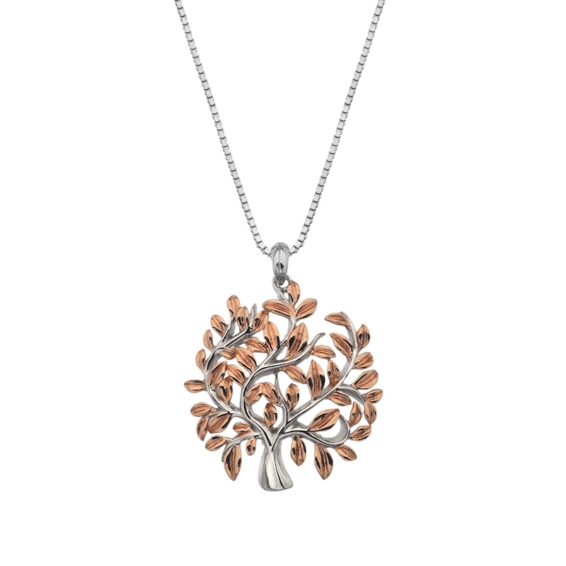 Main Image 1 of Sterling Silver Rhodium & Rose Gold Diamond Tree Pendant