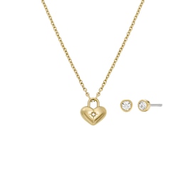 Fossil Ladies' Gold Tone Stainless Steel Heart Necklace and Earrings Gift Set