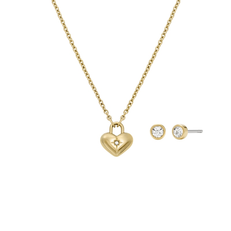 Main Image 1 of Fossil Women's Gold Tone Stainless Steel Heart Necklace and Earrings Gift Set