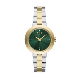 Armani Exchange Ladies' Green Dial Two Tone Stainless Steel Bracelet Watch