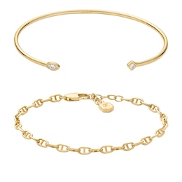 Fossil Women's Gold-Tone Chain & Open Bangle Bracelet Set