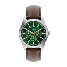 Fossil Pearson Men's Stainless Steel Green Dial Brown Leather Strap Watch