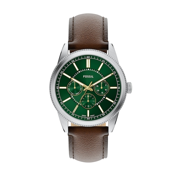 Fossil Pearson Men's Stainless Steel Green Dial Brown Leather Strap Watch