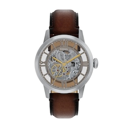 Fossil Men's Stainless Steel Townsman Skeleton Dial Brown Leather Strap Watch