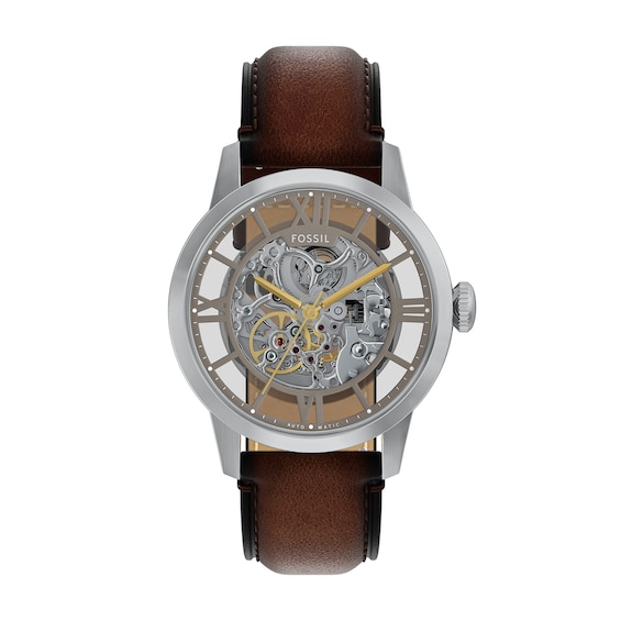 Fossil Mens Stainless Steel Townsman Skeleton Dial Brown Leather Strap Watch