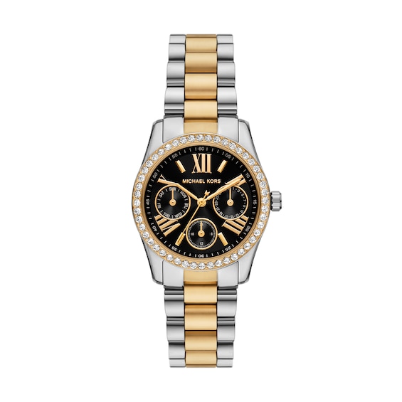 Michael Kors Women's Two Tone Lexington Lux Black Dial Crystal Bracelet Watch