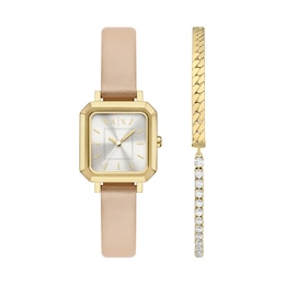 Armani Exchange Women's Three-Hand Nude Leather Watch and Bracelet Gift Set