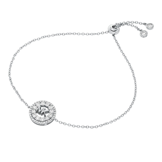 Michael Kors Womens Silver-Tone Crystal MK Logo Slider Bracelet