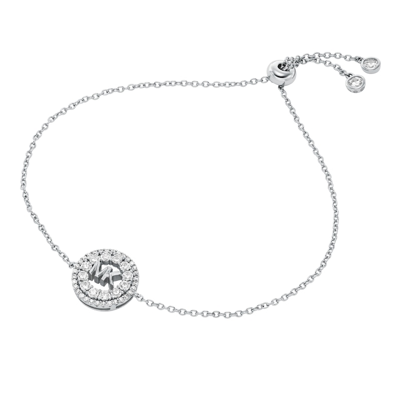 Main Image 1 of Michael Kors Women's Silver-Tone Crystal MK Logo Slider Bracelet