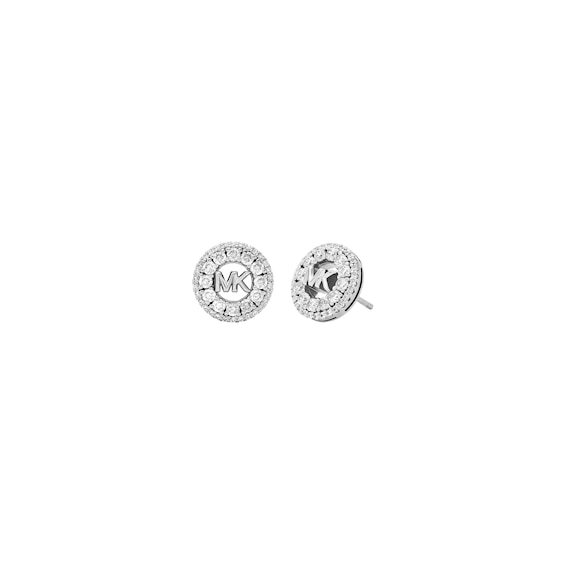 Michael Kors Womens Silver-Tone Crystal MK Logo Stud Earrings