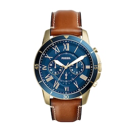 Fossil Grant Men's Yellow Gold Plate Blue Dial Brown Leather Strap Watch