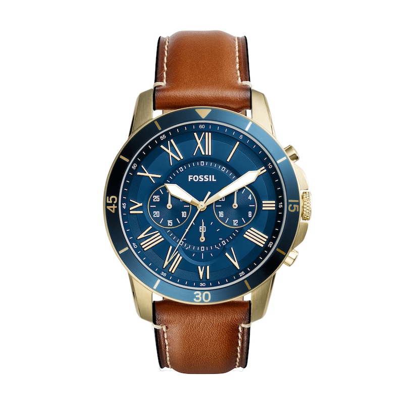 Main Image 1 of Fossil Grant Men's Yellow Gold Plate Blue Dial Brown Leather Strap Watch