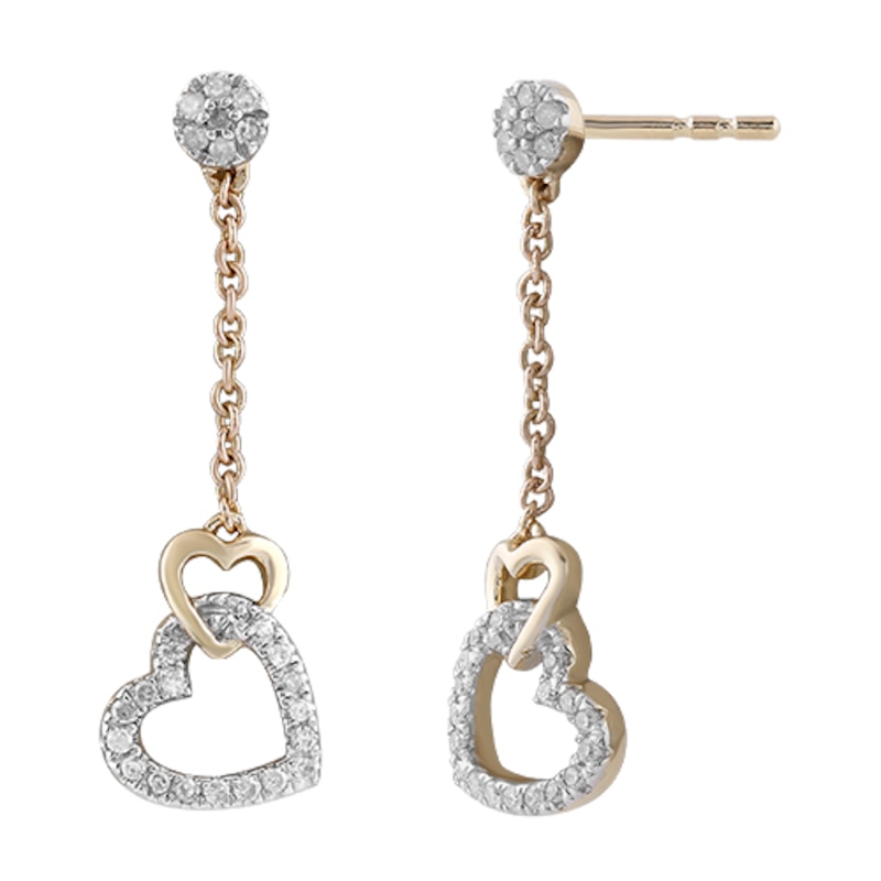 Main Image 1 of 9ct Yellow Gold 0.10ct Diamond Heart Drop Earrings