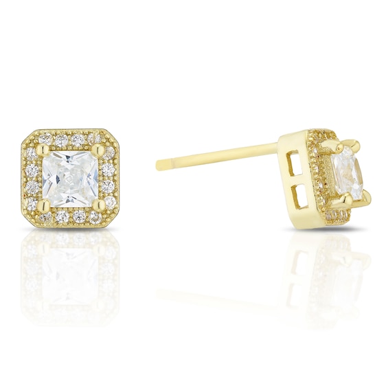 Sterling Silver Gold Plated Cubic Zirconia Square Stud Earri