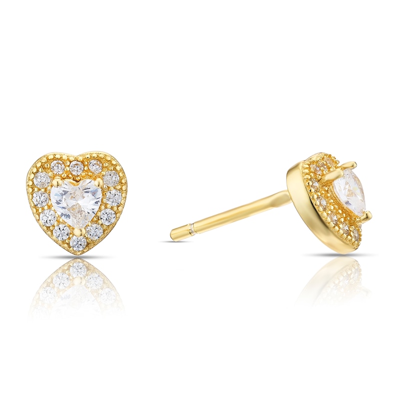 Main Image 1 of Sterling Silver Gold Plated Cubic Zirconia Heart Stud Earrings