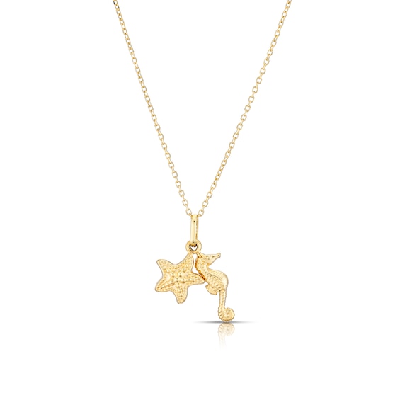 9ct Yellow Gold Starfish and Seahorse Pendant Necklace 16+2