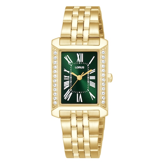 Lorus Women's Crystal Green Sunray Dial Gold Tone Stainless Steel Bracelet Watch