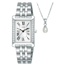Lorus Women's Crystal Sunray Dial Stainless Steel Bracelet Watch & Pearl Necklace Set