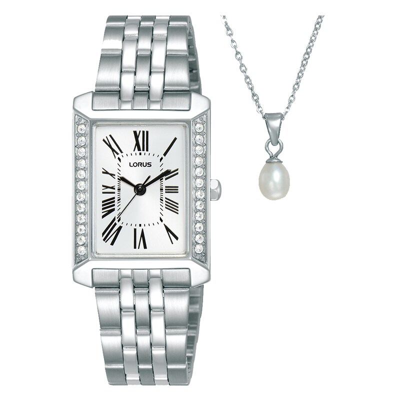 Main Image 1 of Lorus Women's Crystal Sunray Dial Stainless Steel Bracelet Watch & Pearl Necklace Set