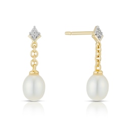 9ct Yellow Gold Cubic Zirconia Chain Cultured Freshwater Pearl Drop Earrings