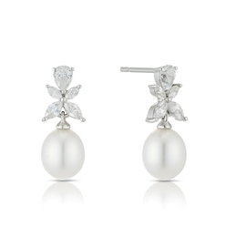 Sterling Silver Cultured Freshwater Pearl Cubic Zirconia Flower Drops