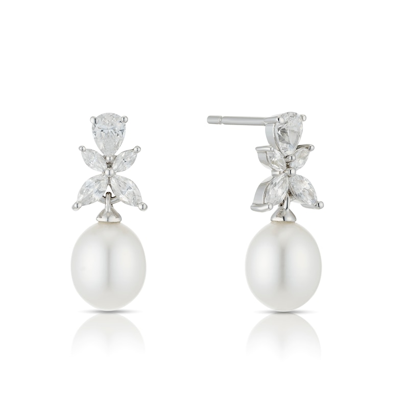 Main Image 1 of Sterling Silver Cultured Freshwater Pearl Cubic Zirconia Flower Drops