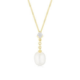 9ct Yellow Gold Cubic Zirconia Chain Cultured Freshwater Pearl Pendant Necklace