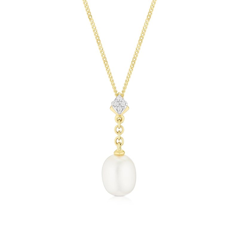 Main Image 1 of 9ct Yellow Gold Cubic Zirconia Chain Cultured Freshwater Pearl Pendant Necklace