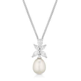 Sterling Silver Cultured Freshwater Pearl & Cubic Zirconia Flower Pendant Necklace