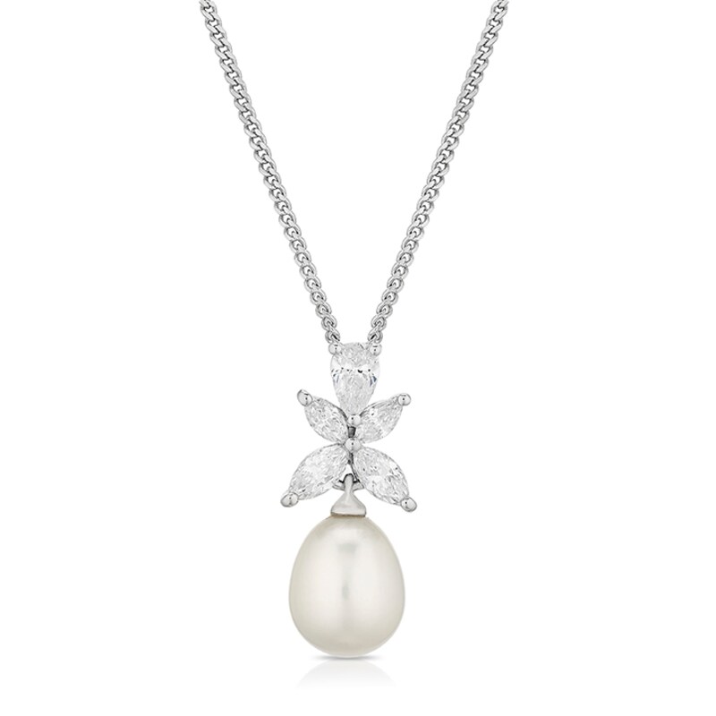 Main Image 1 of Sterling Silver Cultured Freshwater Pearl & Cubic Zirconia Flower Pendant Necklace