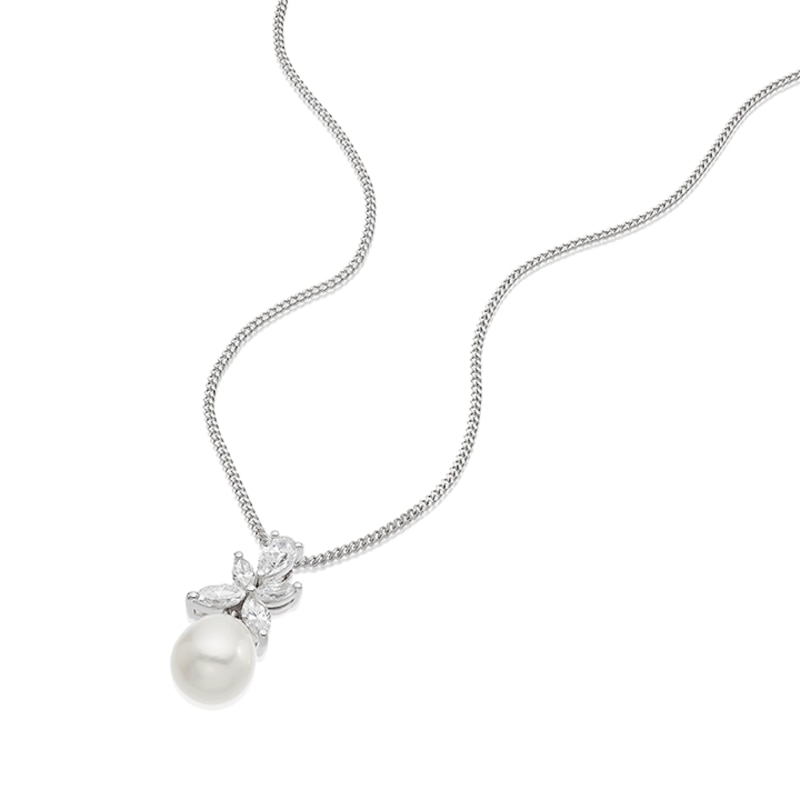 Main Image 2 of Sterling Silver Cultured Freshwater Pearl & Cubic Zirconia Flower Pendant Necklace