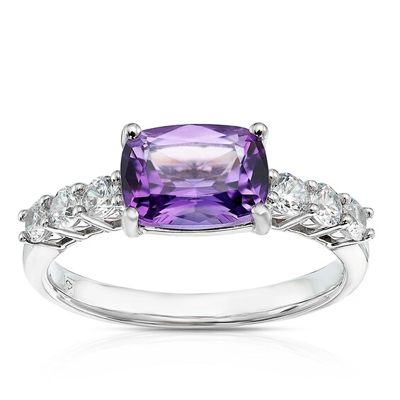 Sterling Silver Cushion Cut Amethyst and Cubic Zirconia Ring