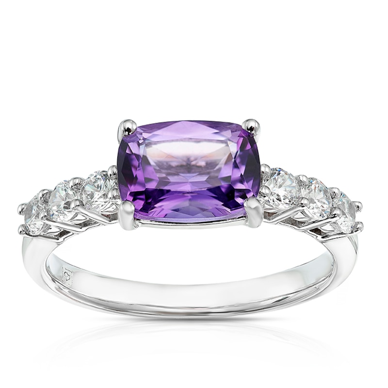Main Image 1 of Sterling Silver Cushion Cut Amethyst & Cubic Zirconia Ring